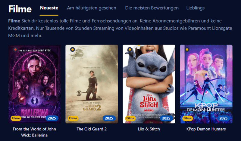 Screenshot der Benutzeroberfl&auml;che von Einschalten die eine moderne Streaming Plattform mit Filmen und Serien anzeigt.